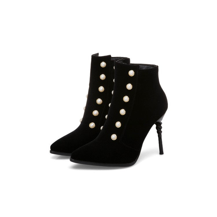 Woman Pointed Toe Pearl Stiletto High Heel Ankle Boots