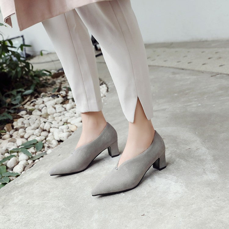Woman Pointed Toe Suede High Heel Chunky Pumps