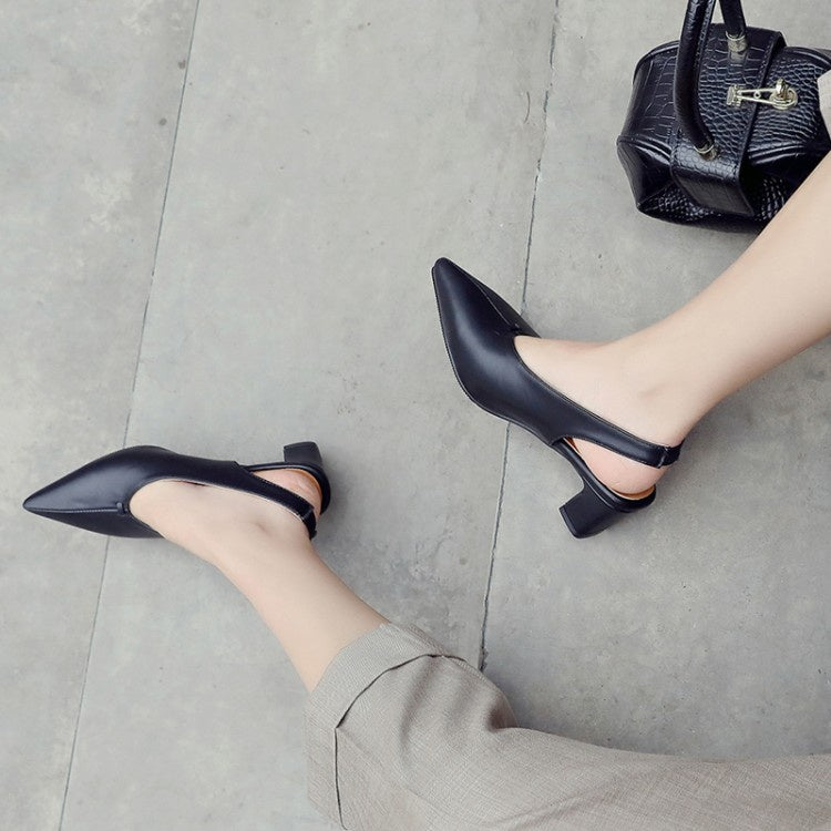 Woman Slingbacks Pointed Toe Pu Leather High Heel Chunky Sandals