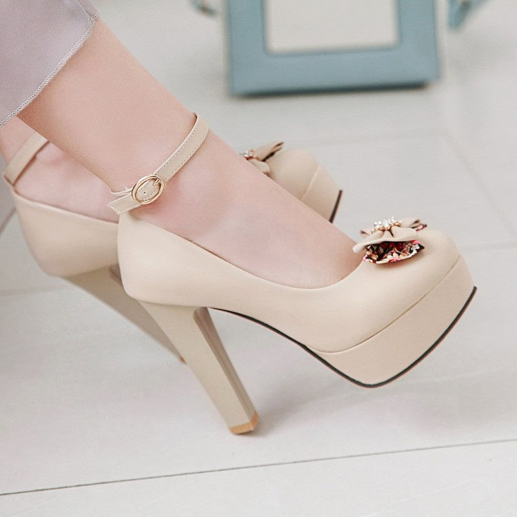 Woman Ankle Strap Bow Chunky Heel Platform Pumps