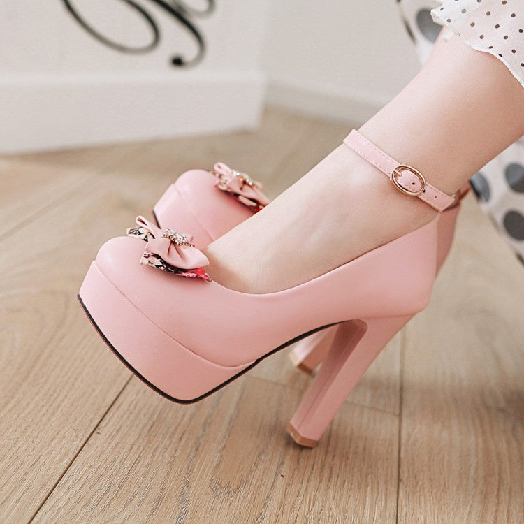 Woman Ankle Strap Bow Chunky Heel Platform Pumps