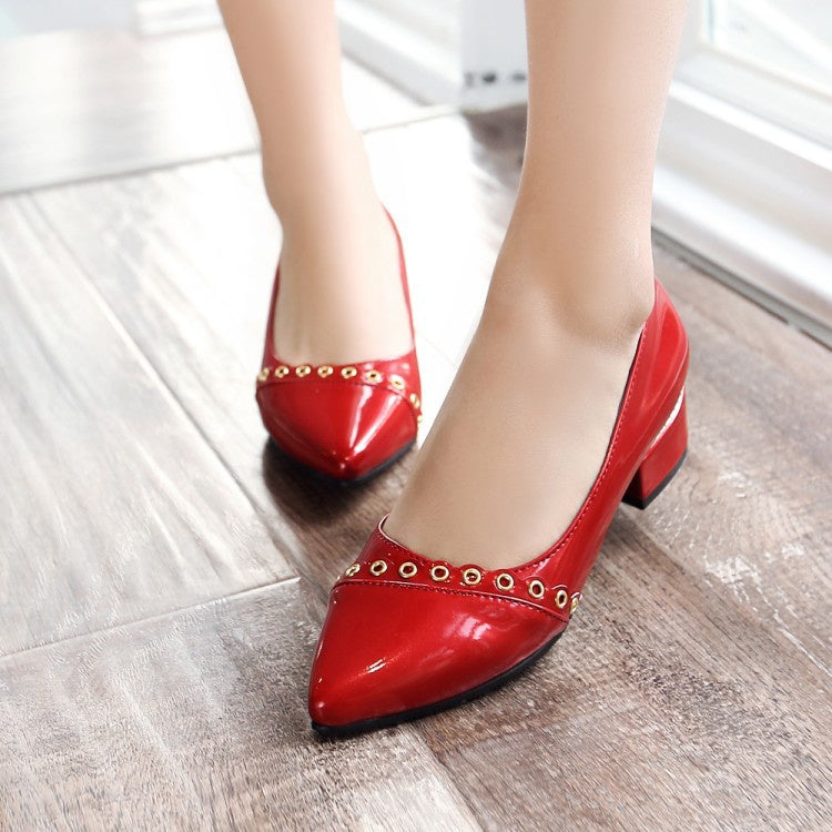 Woman Patent Leather Chunky Heels Pumps