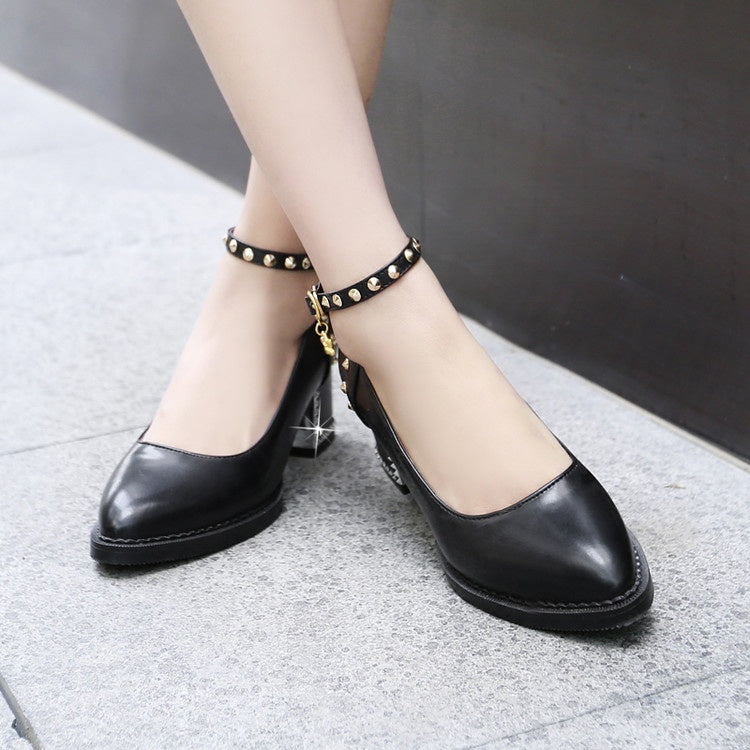 Woman Ankle Strap Rivets High Heeled Chunky Heels Pumps
