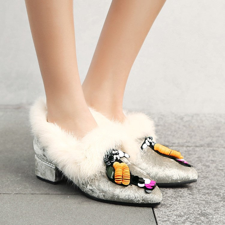 Woman Furry Mid Heeled Chunky Heels Lofers Shoes