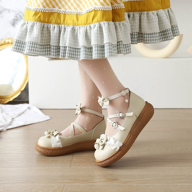 Women Pumps Buckle Mary Janes Shoes with Bowtie Pearl