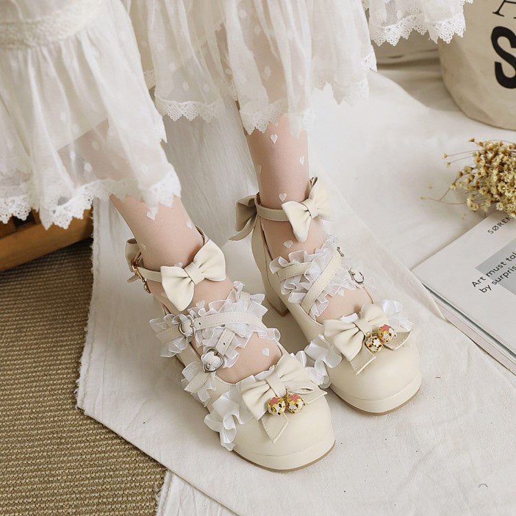 Woman Pumps Lace Pearl Mary Janes Shoes with Bowtie