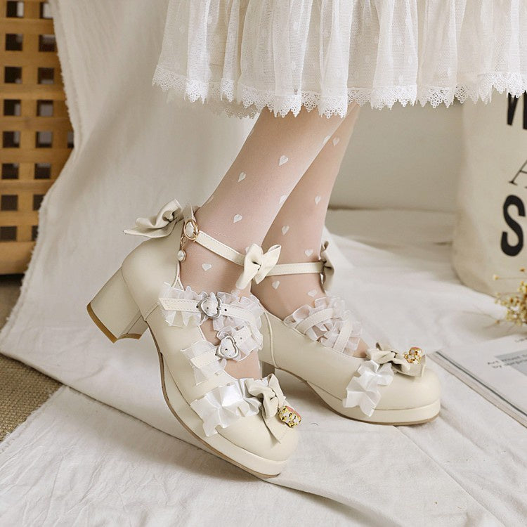 Woman Pumps Lace Pearl Mary Janes Shoes with Bowtie