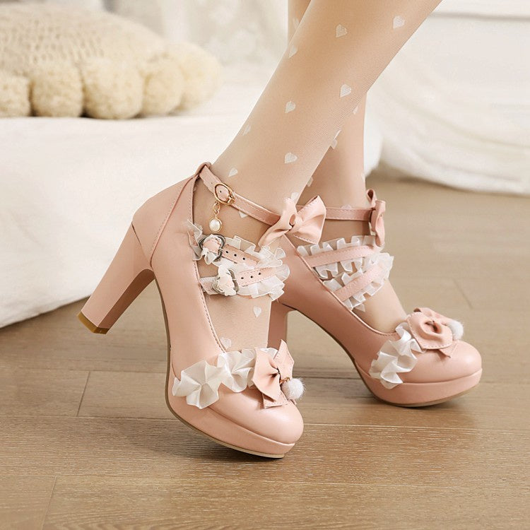Woman High Heel Platform Pumps Mary Janes Shoes with Bowtie