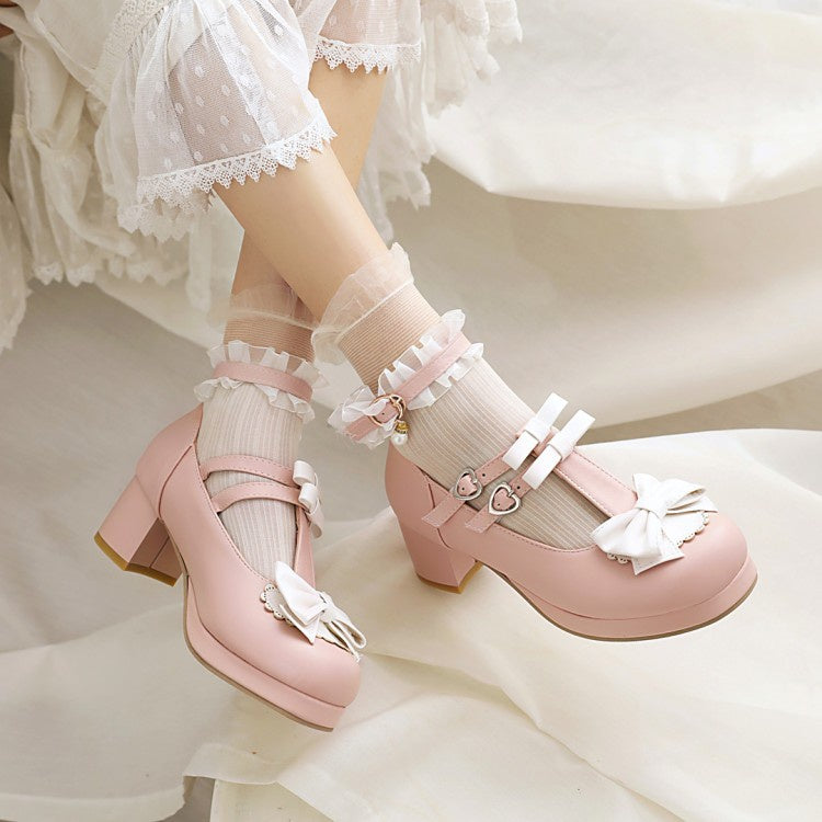 Woman Chunky Heel Pumps T Straps Shoes with Bowtie
