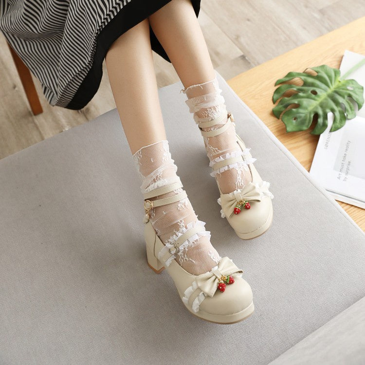 Woman Chunky Heel Pumps Mary Janes Shoes with Bowtie