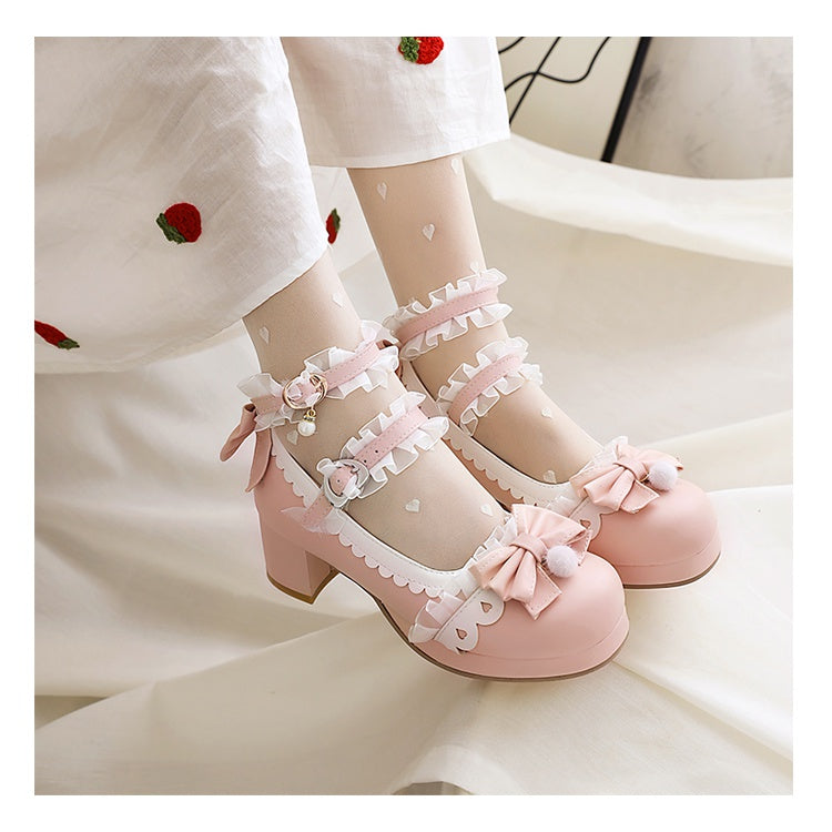 Woman Lace Buckle Chunky Heel Pumps Mary Janes Shoes with Bowtie