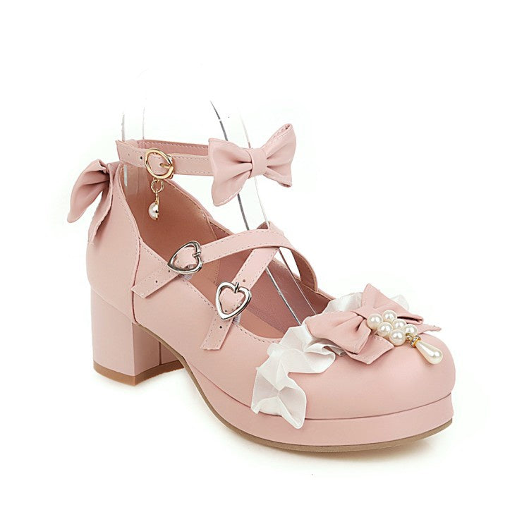 Woman Chunky Heel Pumps Mary Janes Shoes with Bowtie Buckle Pearl