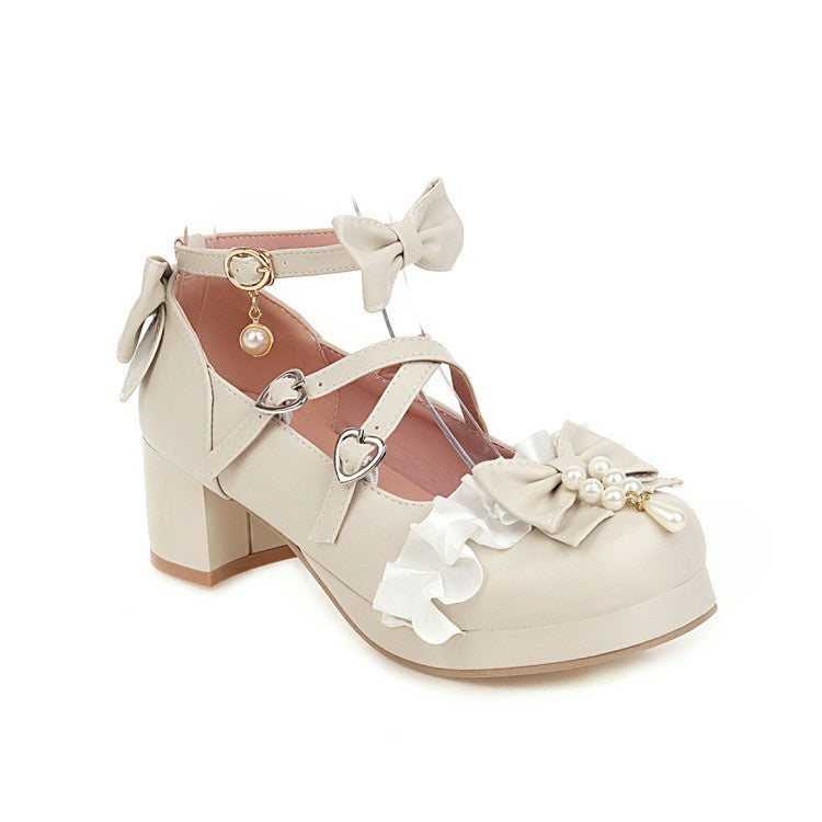 Woman Chunky Heel Pumps Mary Janes Shoes with Bowtie Buckle Pearl