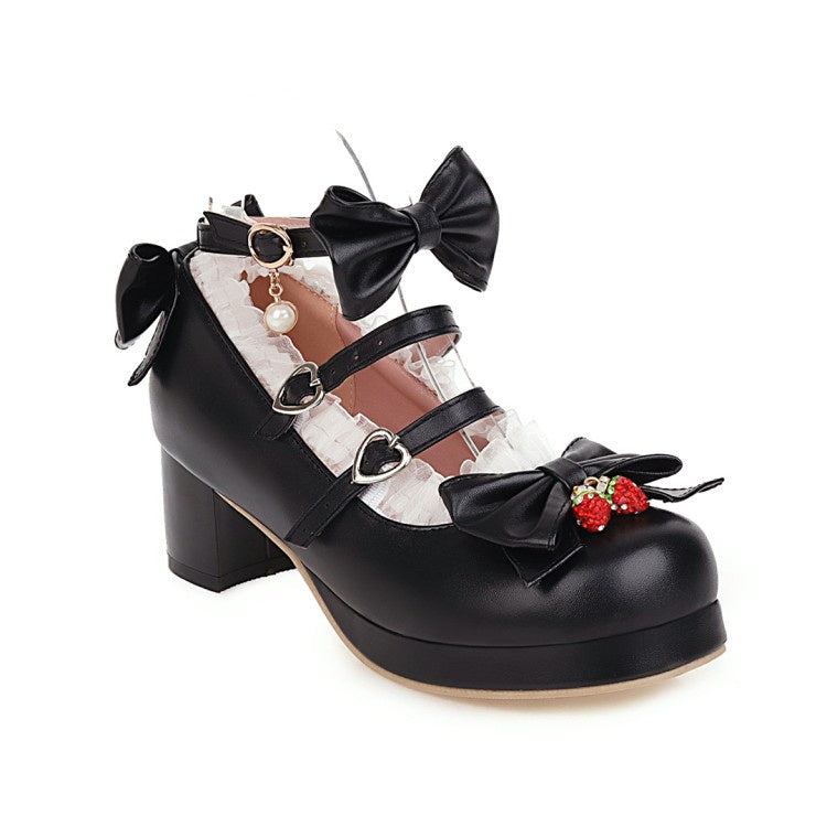 Woman Chunky Heel Pumps Mary Janes Shoes with Bowtie Lace