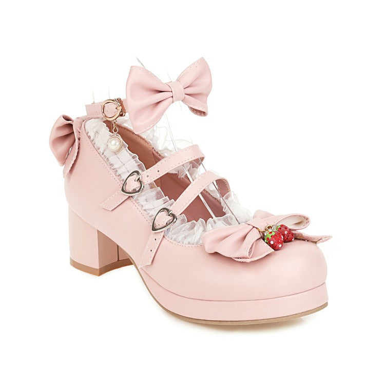 Woman Chunky Heel Pumps Mary Janes Shoes with Bowtie Lace