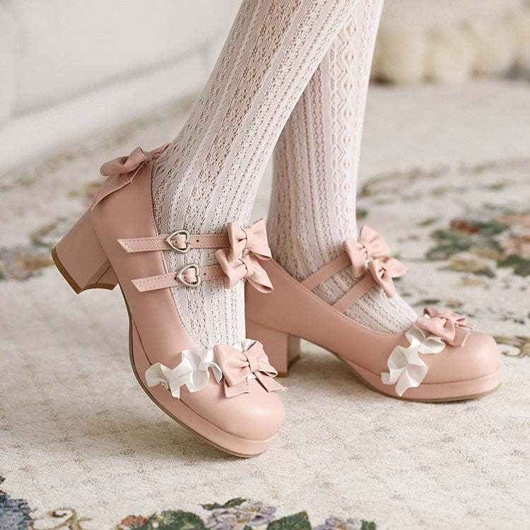 Woman Chunky Heel Pumps Mary Janes Shoes with Bowtie