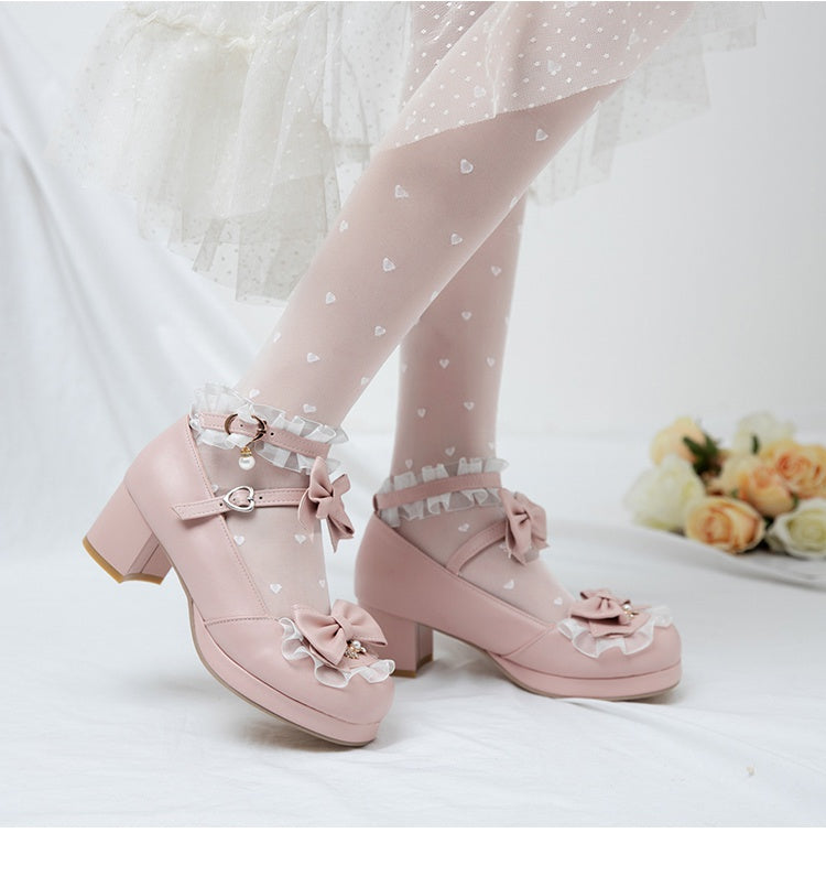 Woman Lolita Chunky Heel Pumps Mary Janes Shoes with Bowtie