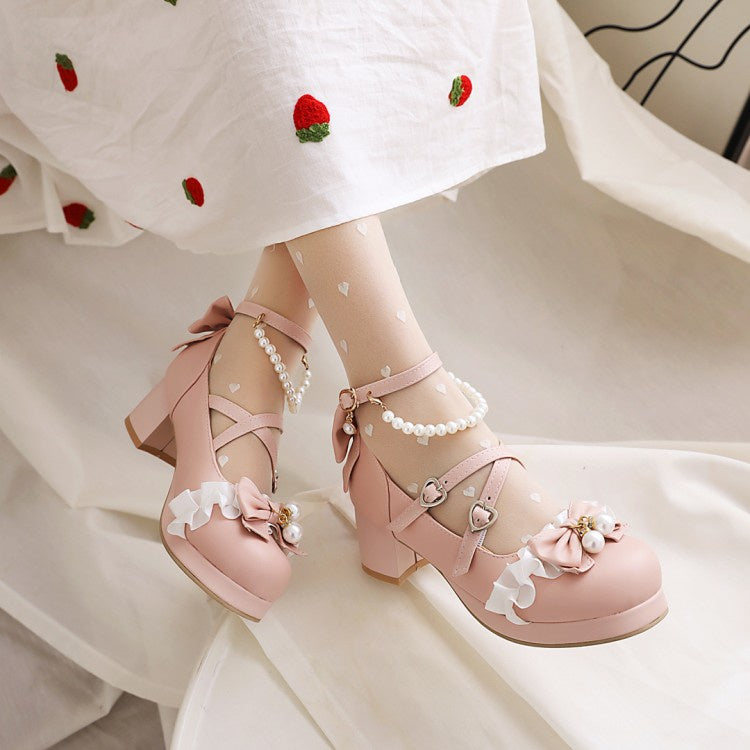 Woman Pearl Chunky Heel Pumps Mary Janes Shoes with Bowtie