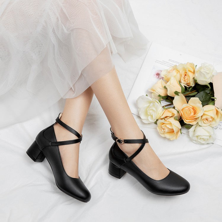 Woman Buckle Ankle Strap Pumps Chunky Heels Shoes
