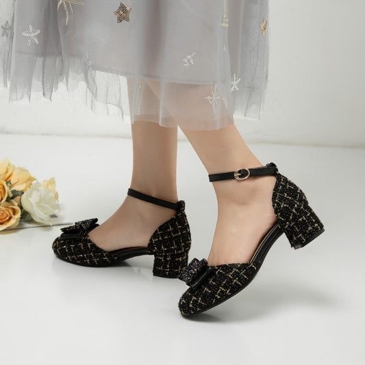 Woman Ankle Strap Bow Pumps Chunky Heels Shoes