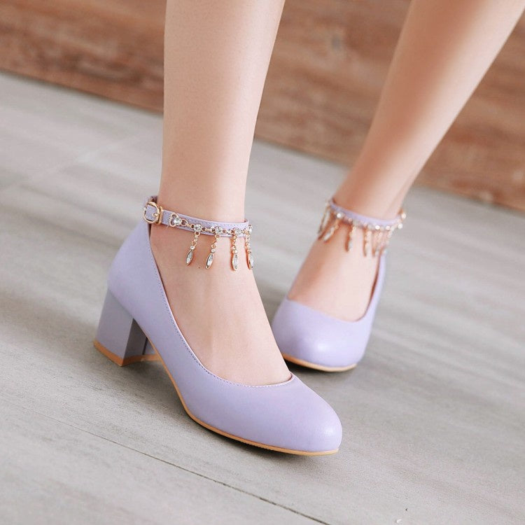 Woman Rhinestone Ankle Strap Pumps Chunky Heeled Shoes