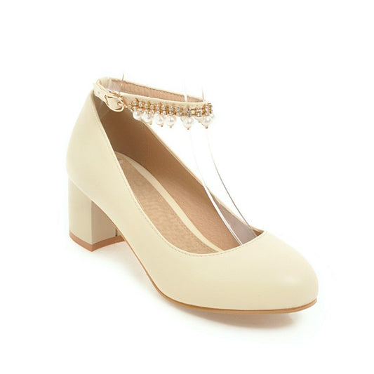 Woman Pearl Ankle Strap Pumps Chunky Heeled Shoes