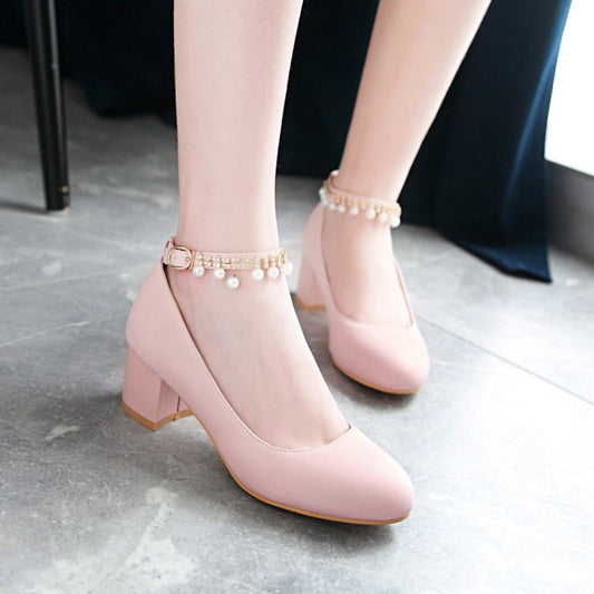 Woman Pearl Ankle Strap Pumps Chunky Heeled Shoes