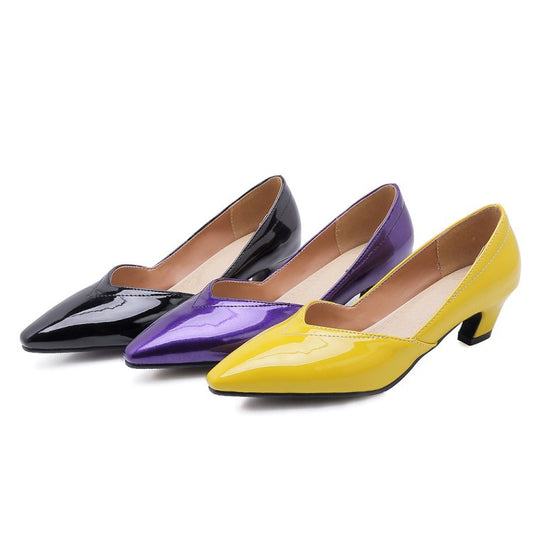 Woman Patent Leather Low Heeled Chunky Heels Pumps