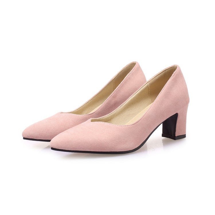 Woman Suede Pointed Toe High Heeled Chunky Heels Pumps