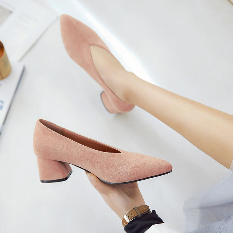 Woman Pointed Toe Suede High Heeled Chunky Heels Pumps