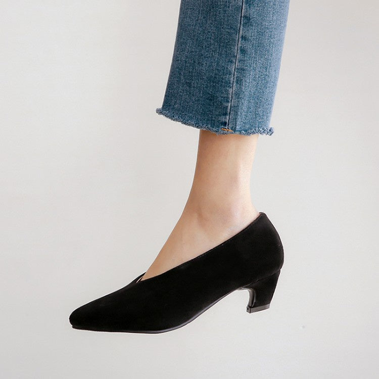 Woman Pointed Toe Suede Chunky Heels Pumps