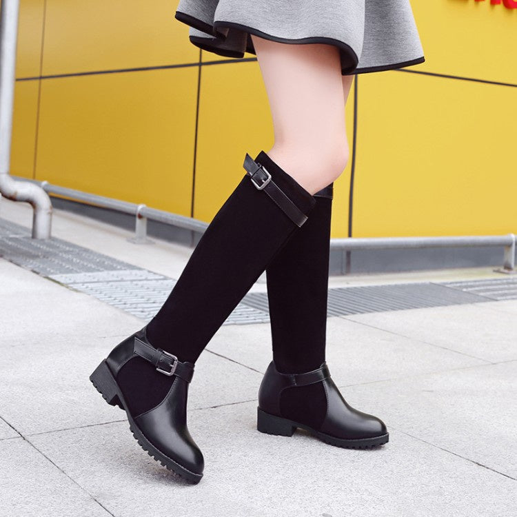 Women Low Heeled Buckle Riding Boots
