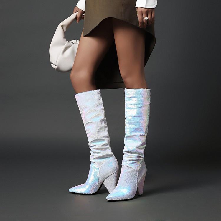 Woman Sequined High Heel Knee High Boots