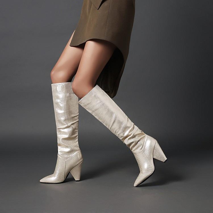 Woman Pointed Toe Flash Microfiber High Heel Knee High Boots