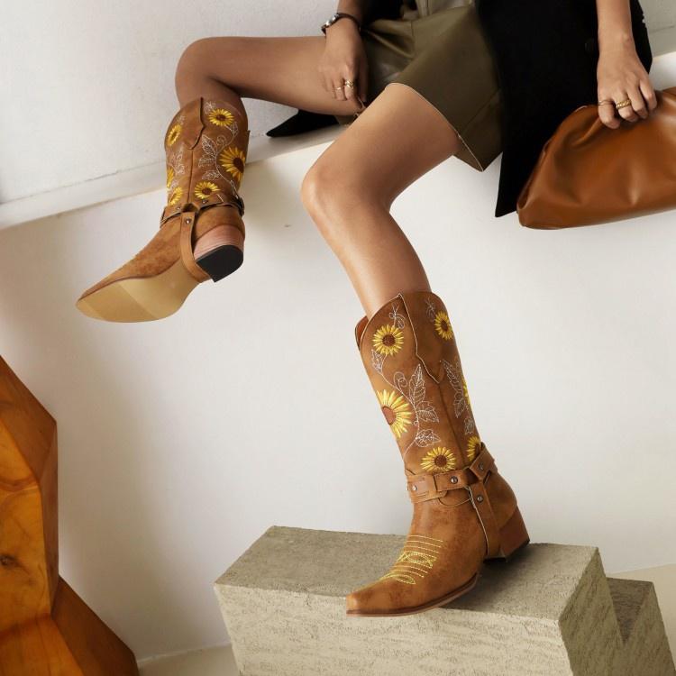 Woman Embroidery Mid Calf Boots