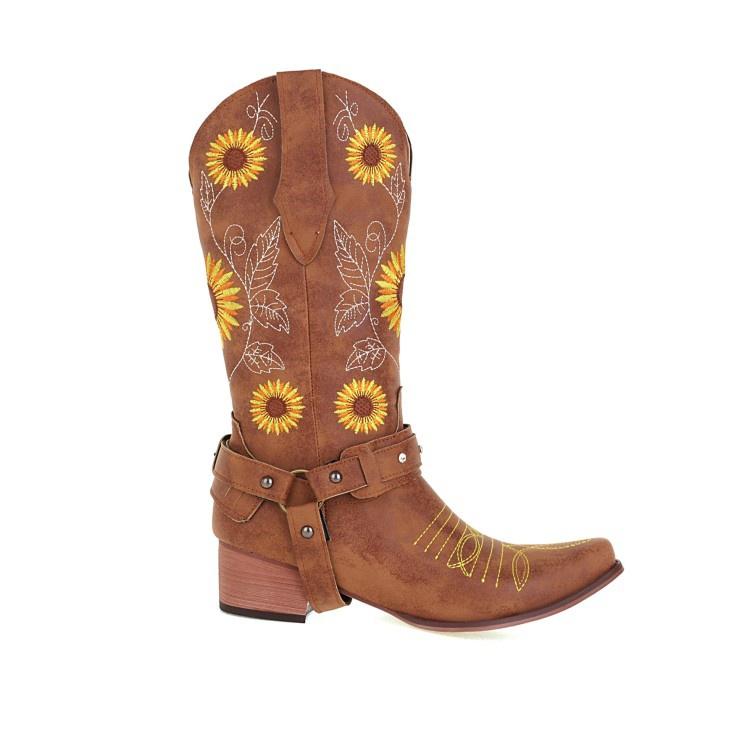 Woman Embroidery Mid Calf Boots