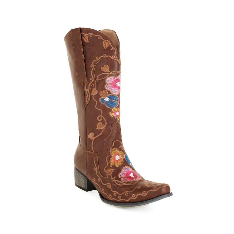 Woman Floral Printed Mid Calf Boots