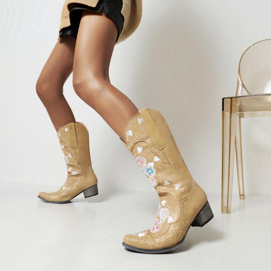 Woman Floral Printed Mid Calf Boots