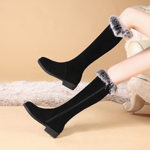 Women Fur Low Heels Knee High Boots