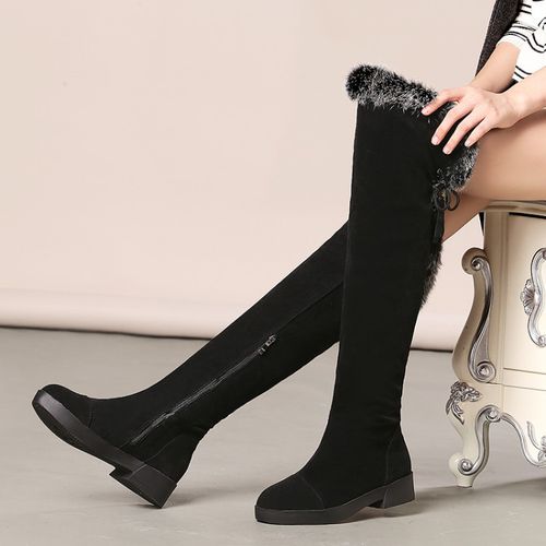 Women Rabbit Fur Low Heels Knee High Boots