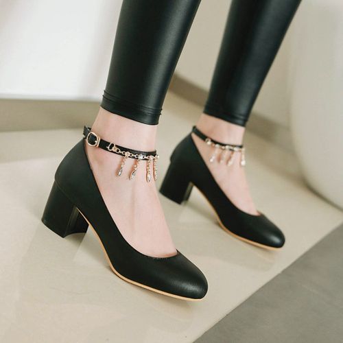 Women Rhinestone Ankle Strap Pumps Chunky Heeled Shoes