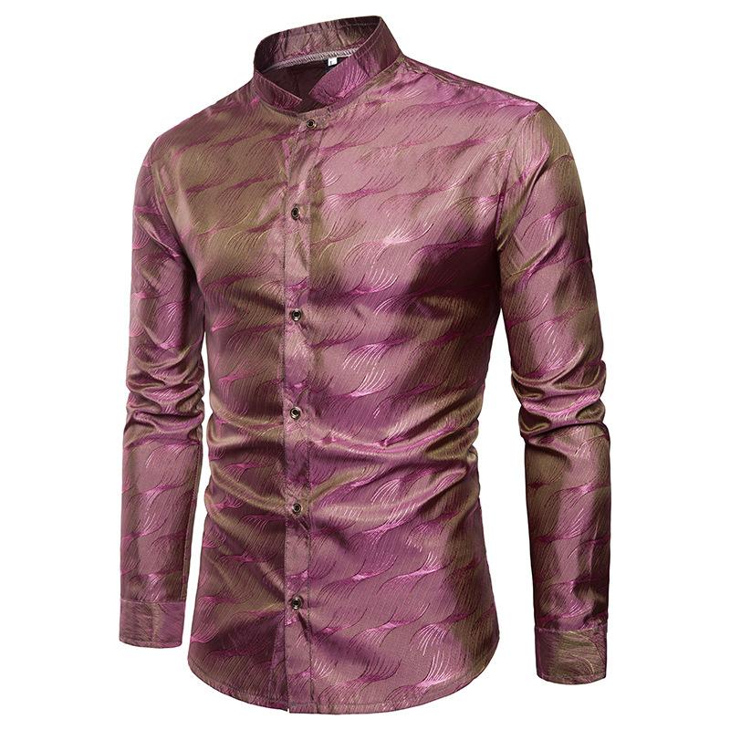 Men's Shinny Night Club Silk Pattern Stand-Up Collar Fashion Long Sleeves Shirts