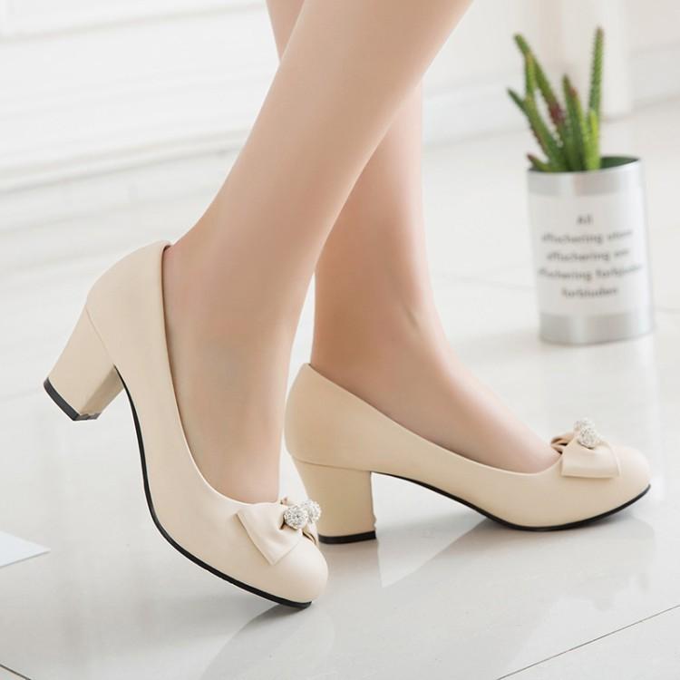 Lady Round-Headed Butterfly Knot Women's Pumps Mid Heels Shoes