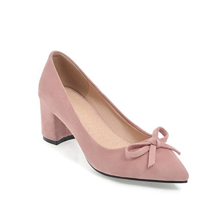Lady Pointed Toe Medium-heeled Shallow-mouth Butterfly-knot Large Chunkey Pumps
