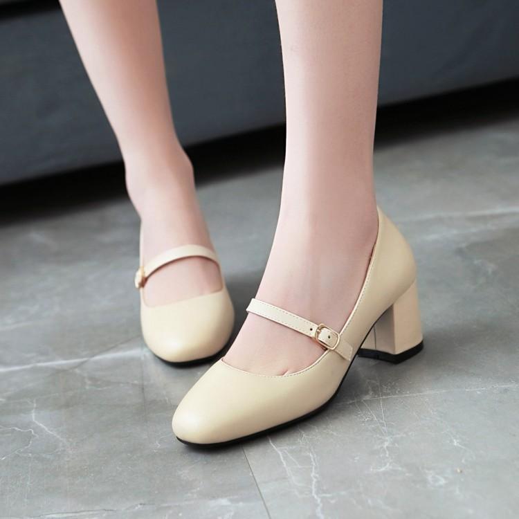 Lady Shallow Mouth Square Head Thick Heel Student Shoes Woman Chunkey Heels Pumps