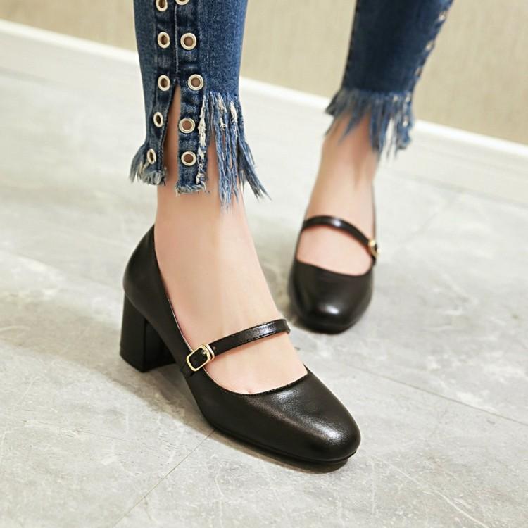 Lady Shallow Mouth Square Head Thick Heel Student Shoes Woman Chunkey Heels Pumps