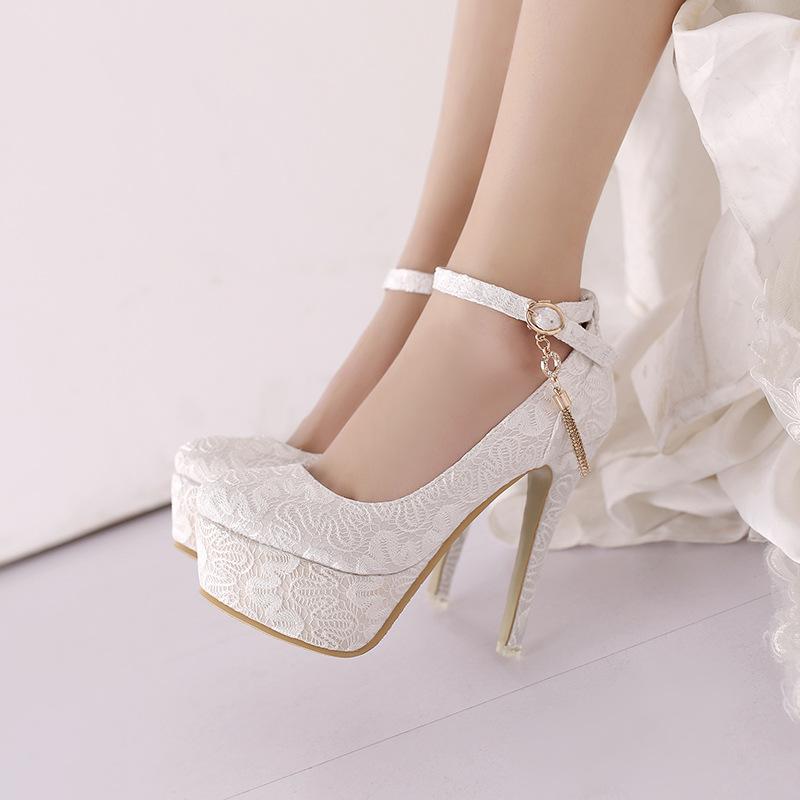 Wedding Shoes Lace Platform Pumps Ankle Strap