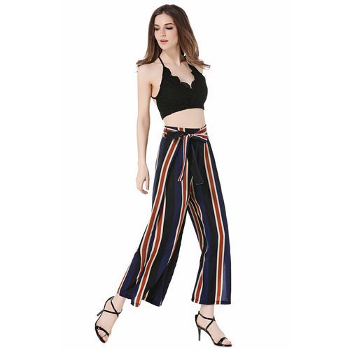 Stripe Sexy Slit Tied-band Long Women Holiday Wide-leg Pant