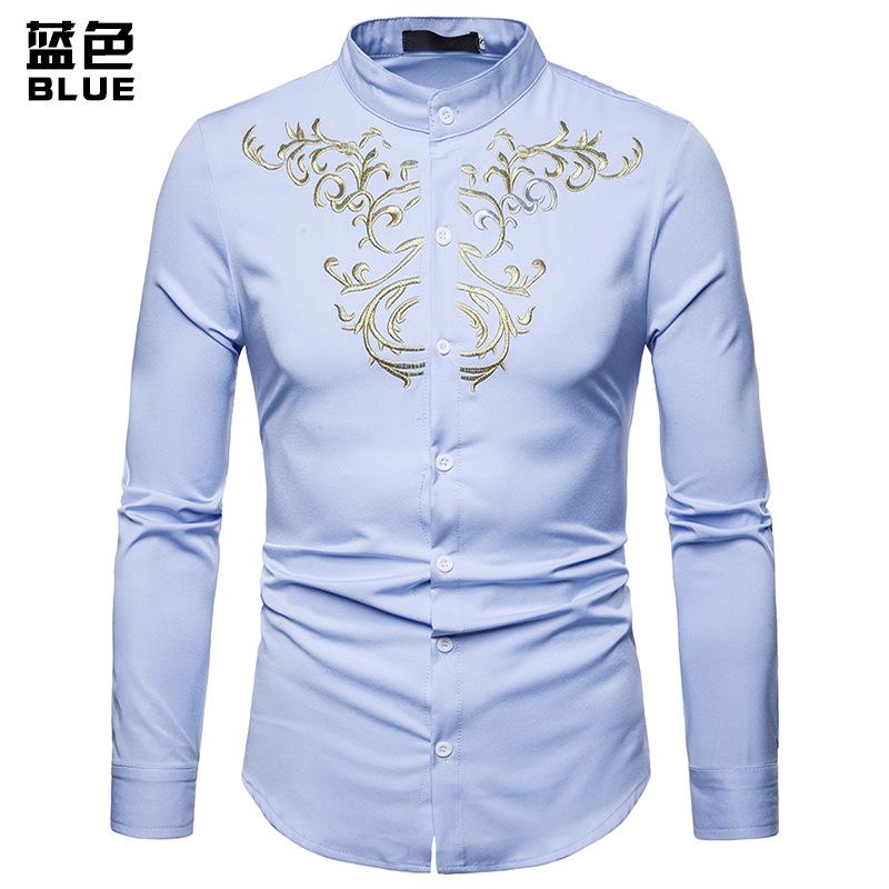 Men's Royal Style Embroidered Henry Stand-Up Collar Plus Size Long Sleeves Shirts