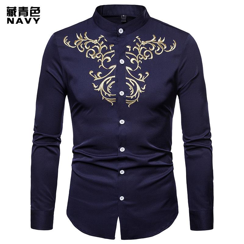 Men's Royal Style Embroidered Henry Stand-Up Collar Plus Size Long Sleeves Shirts